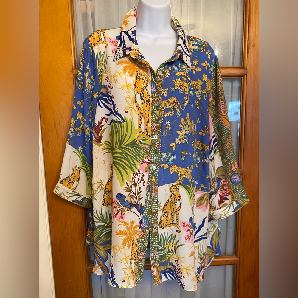 Leopard Cat Cream & Blue Multicolor Nature Print Blouse Size 2X